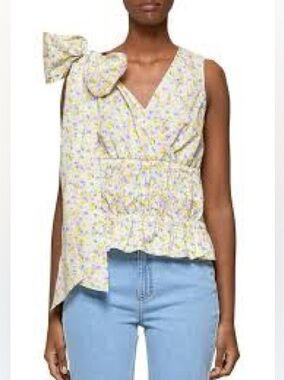 Tie-Shoulder Smocked Floral Peplum Top - Yellow